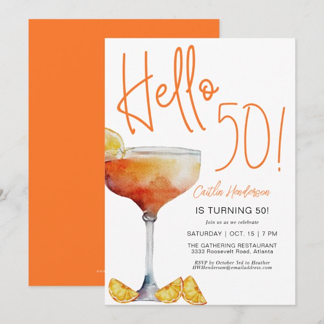 Modern Orange Hello 50-årsdag Inbjudningar (Fram/baksida)