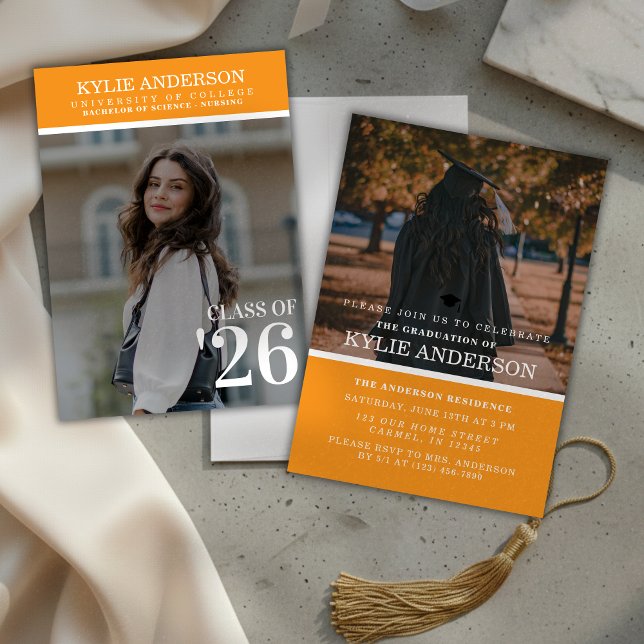 Modern Orange Högskoleexamen Senior Foto Inbjudningar (Modern Orange College Graduation Senior Photo Invitation)