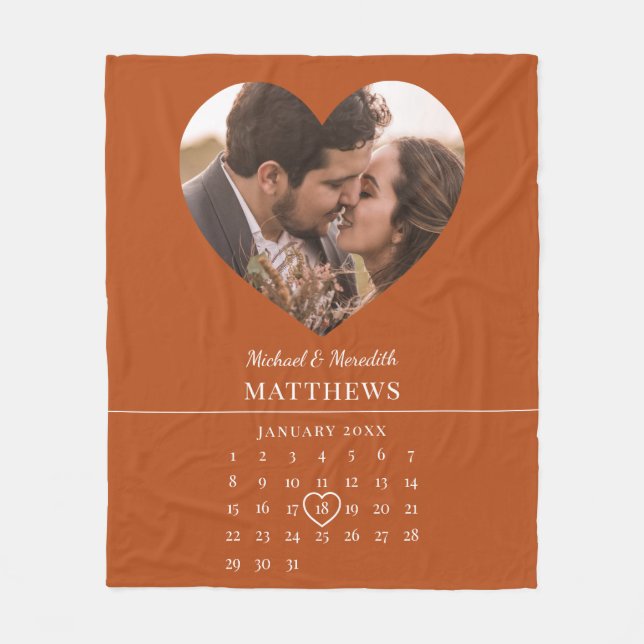 Modern orange höst bröllops jubileumskalender  fleecefilt (Framsidan)