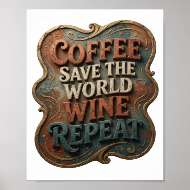 Modern Orange KAFFE RÄDDA VÄRLDEN VIN UPPREPA Poster (Framsidan)