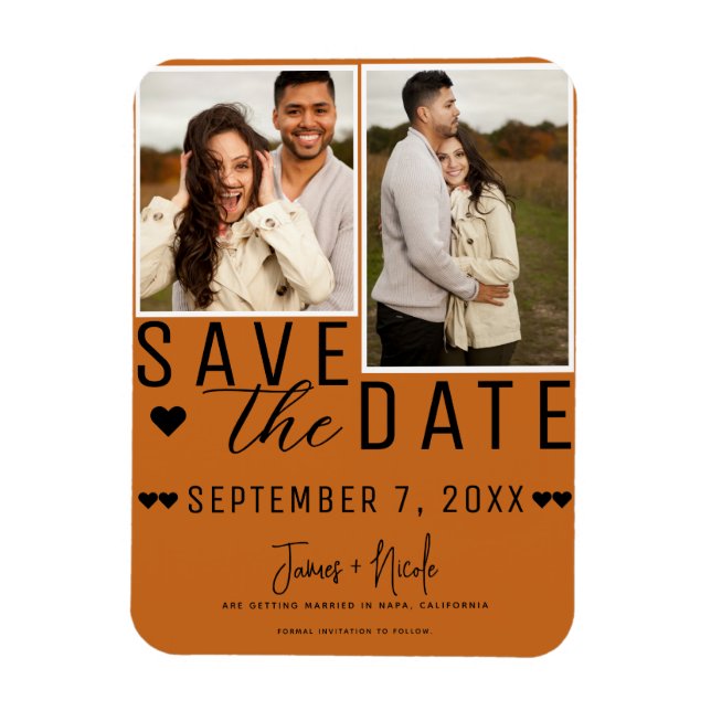 Modern Orange Krydda Save the Date 2 Foto Bröllop Magnet (Vertikal)