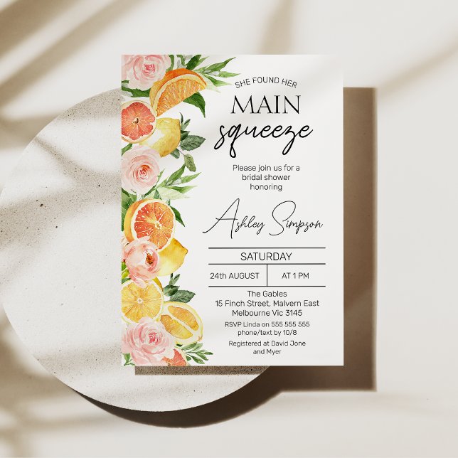 Modern Orange Lemons Main Squeeze-Möhippa Inbjudningar (Citrus themed she found her main squeeze bridal shower invitation with lemon, oranges and flowers.)