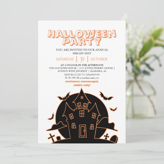 Modern Orange Linje Konst Spökhus Halloween Inbjudningar (Stående Fram)