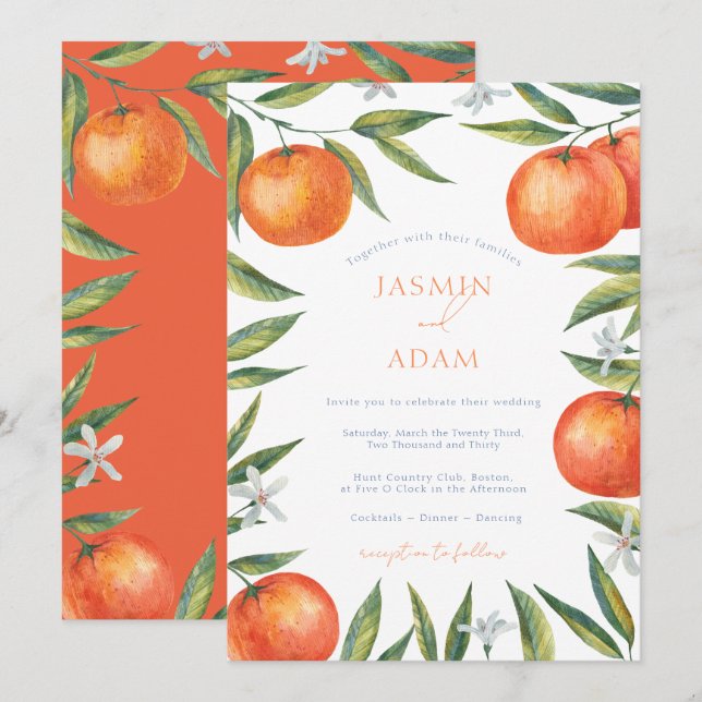 Modern Orange Medelhavet Citrus Bröllop Inbjudningar (Fram/baksida)