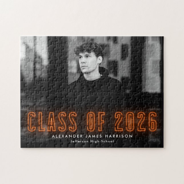 Modern Orange Neon-klass för 2025 Studenten-foto Pussel (Horisontell)