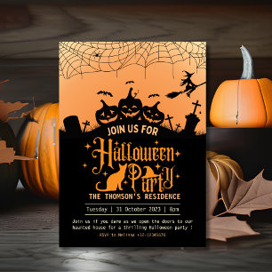 Modern Orange och Black Haunted Halloween Inbjudningar