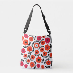Modern Orange och röd Blommigt Monogram Axelväska