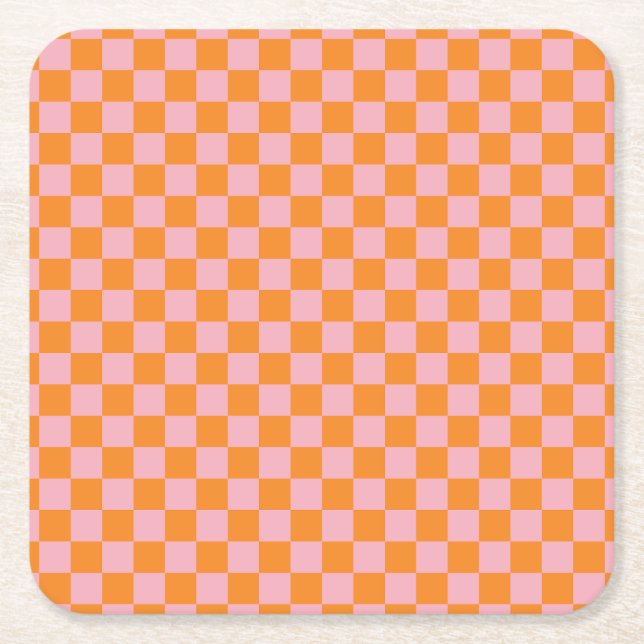 Modern Orange och Rosa Checkers Halloween Underlägg Papper Kvadrat (Framsidan)