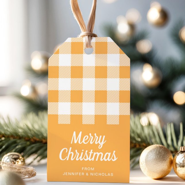 Modern Orange P God jul Presentetikett (Modern Orange Plaid Merry Christmas Gift Tags)