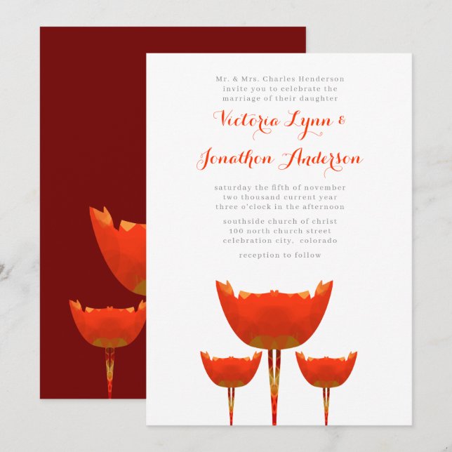 Modern Orange Papaver Bröllopsinbjudan Inbjudningar (Fram/baksida)