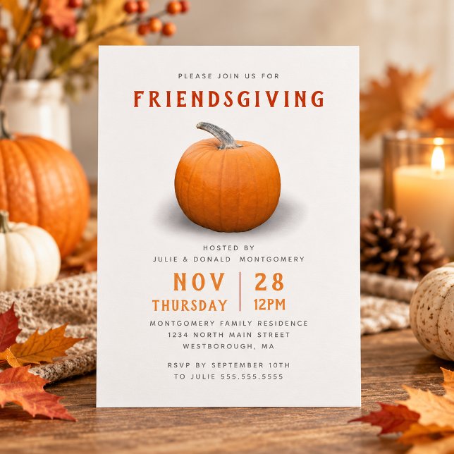 Modern Orange Pumpa Vännernas Tackfest Middag Inbjudningar (Modern Orange Pumpkin Friendsgiving Dinner Invitation)