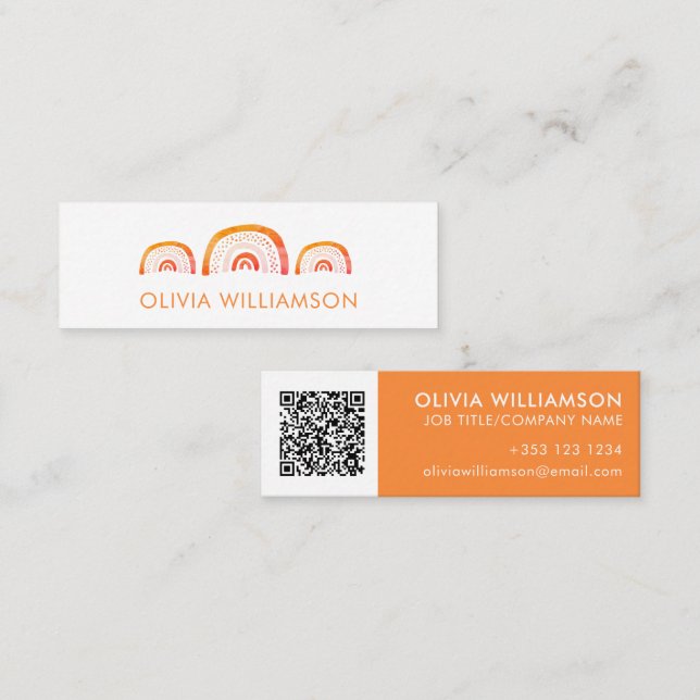 Modern Orange Regnbåge Vattenfärg QR-kod Mini Visitkort (Fram/baksida)