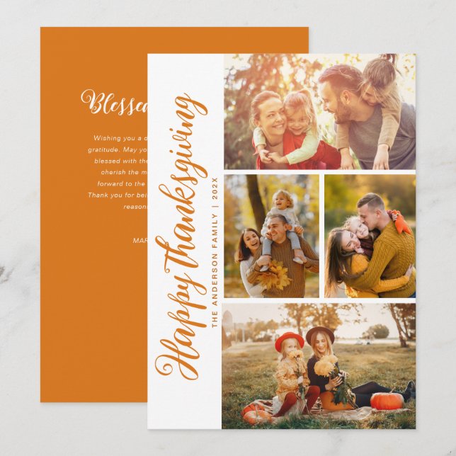 Modern orange-skript, happy thanksgiving-fotokort julkort (Fram/baksida)