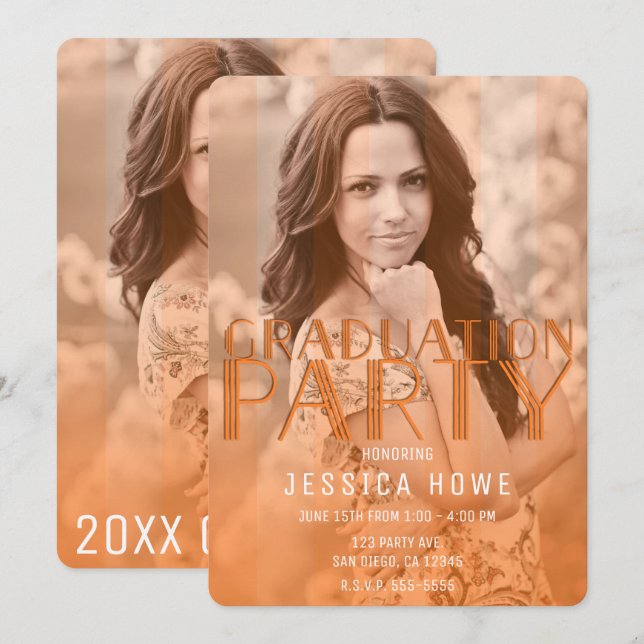 Modern Orange Studentfest Student Photo Inbjudningar (Fram/baksida)
