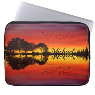 Modern Orange Sunset Guitarist Namn Watercolor Laptop Fodral