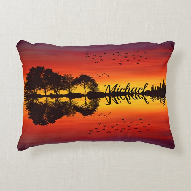 Modern Orange Sunset Guitarist Namn Watercolor Prydnadskudde (Framsidan)