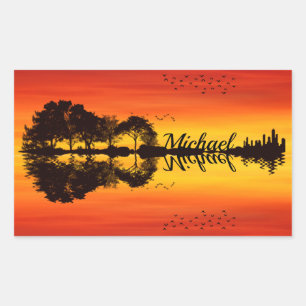 Modern Orange Sunset Guitarist Namn Watercolor Rektangulärt Klistermärke