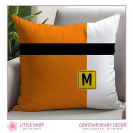 Modern Orange Svart Färgblock Monogram Kudde