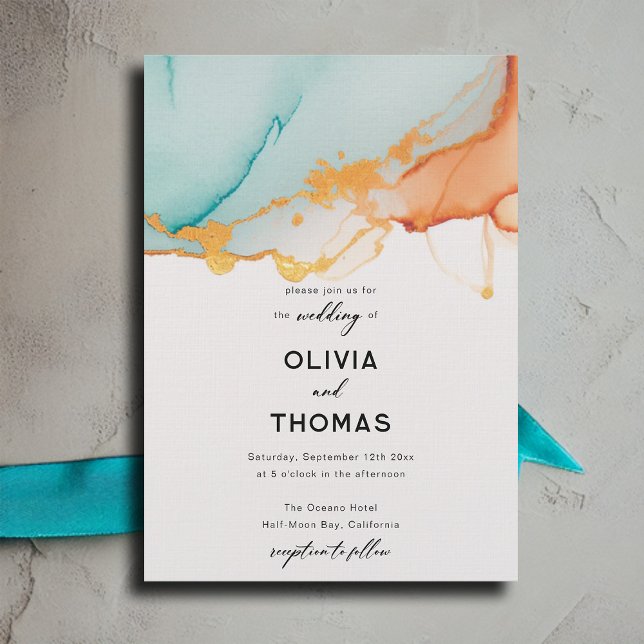 Modern Orange Teal Minimalist Romantik Fall Bröllo Inbjudningar (modern orange and teal wedding invitation romantic elegant bohemian minimalist calligraphy simple)