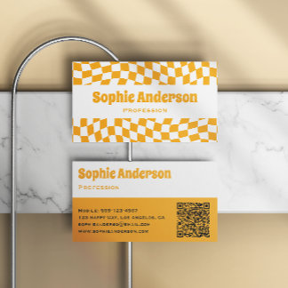 Modern Orange Vågig Schackbräde QR-kod Visitkort