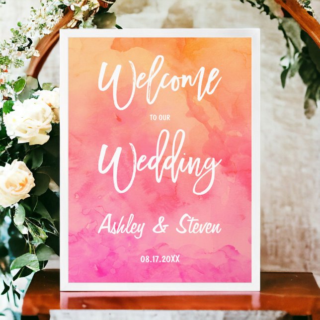 Modern orange vattenfärgstypografi bröllop poster (Modern pink orange watercolor typography wedding poster)