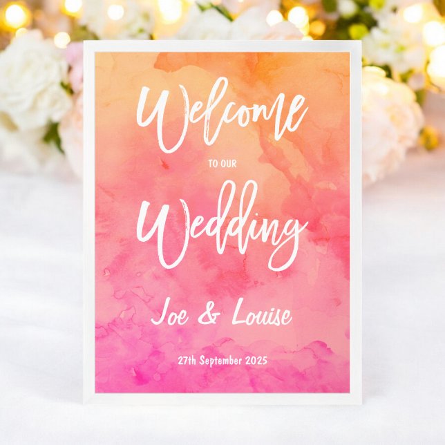 Modern orange vattenfärgstypografi bröllop poster (Modern pink orange watercolor typography wedding poster)