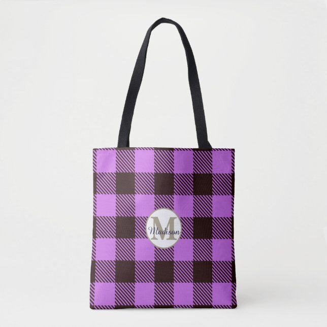 Modern Orchid Black Play Tartan Monogram Namn Tygkasse (Framsida)