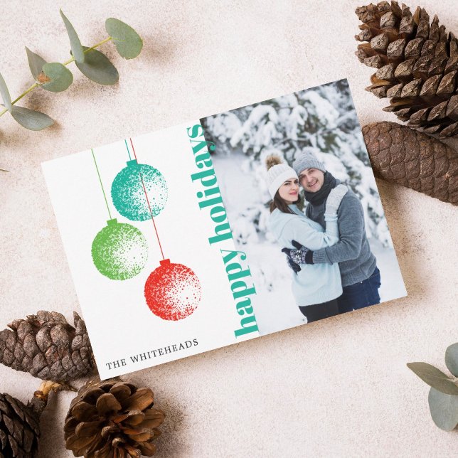 Modern Ornament God Jul Familj Fotokort Julkort (Happy Holiday retro ornament Family Greeting Christmas card with green teal and red design.)