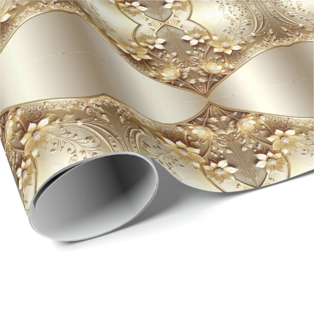 Modern Ornamenterad Guld Blommig Inpackningspapper Presentpapper (Rullad Hörn)