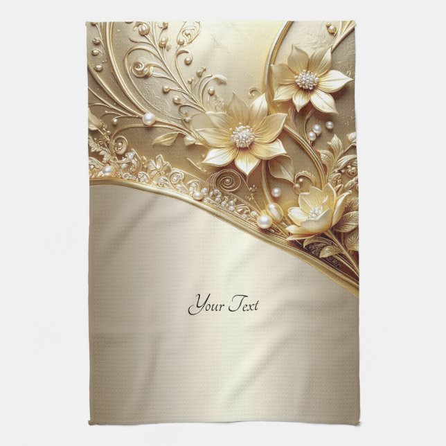 Modern Ornamenterad Guld Blommig Kökshandduk (Vertikal)