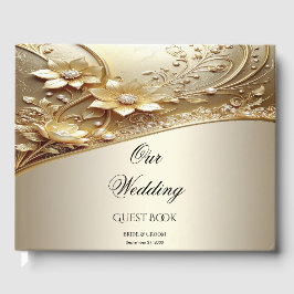 Modern Ornate Guld Blommig med Pärlor Gästbok