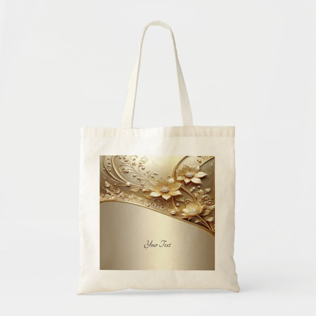 Modern Ornate Guld Blommig med Pärlor Handväska Tygkasse (Framsidan)