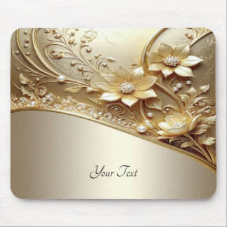 Modern Ornate Guld Blommig med Pärlor Musmatt Musmatta