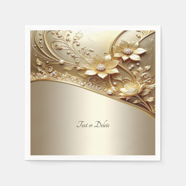 Modern Ornate Guld Blommig med Pärlor Pappersservett (Framsidan)
