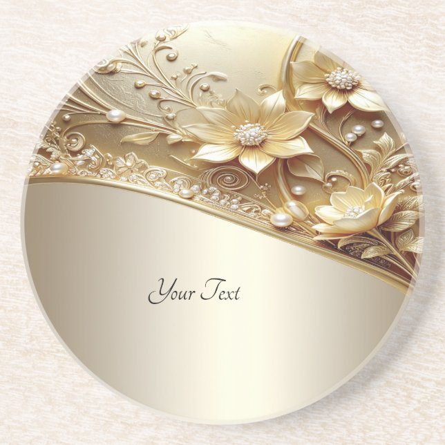 Modern Ornate Guld Blommig med Pärlor Sandsten Underlägg (Framsidan)