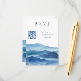 Modern OSA med blå vattenfärg med QR-kod Bröllop Tilläggskort