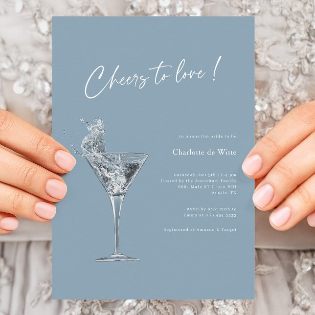 Modern ost till Kärlek Inbjudningskort för möhippa (Elegant Dusty Blue Cheers To Love Bridal Shower Invitation)
