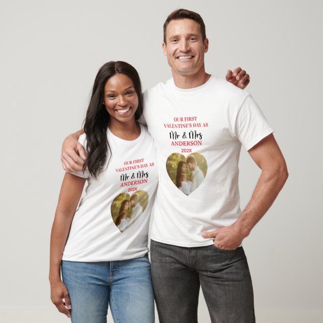 Modern Our First Valentines Day as Mr & Mrs Photo T Shirt (Unisex)