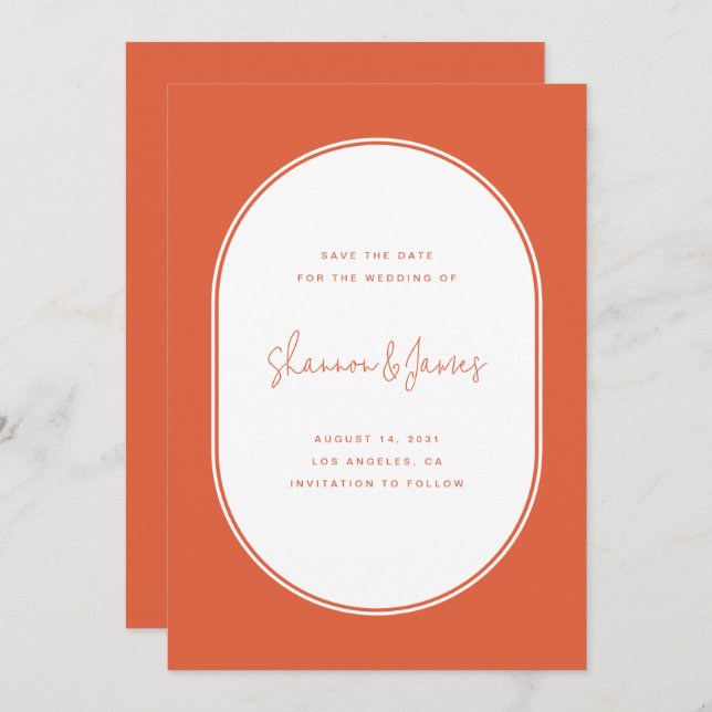 Modern Oval Ram Photo Sunset Orange Bröllop Spara Datumet (Fram/baksida)