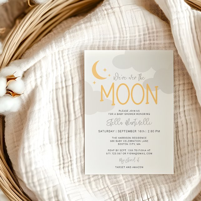 Modern över Måne med detaljer om babyskor Inbjudningar (Modern Over The Moon With Details Baby Shower Invitation)