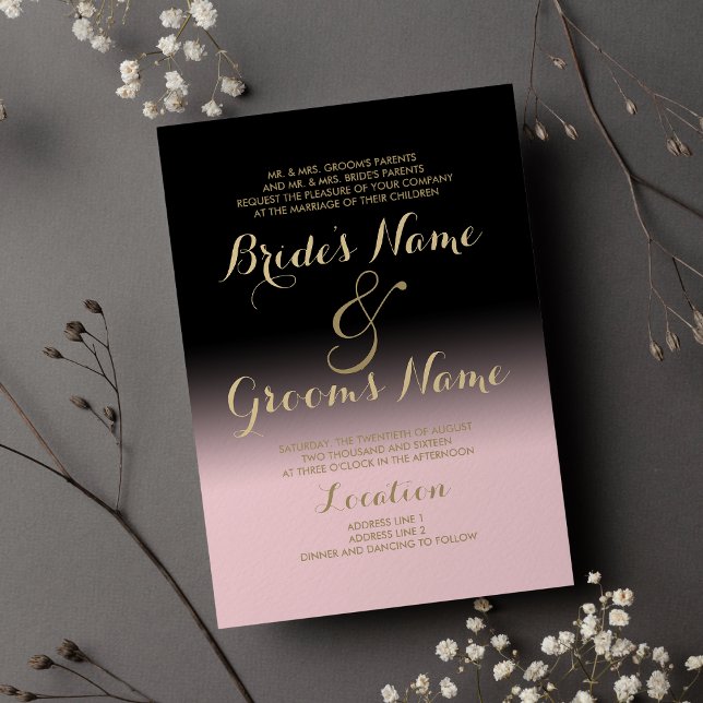 Modern övertoning svart  rosa guld Bröllop Inbjudningar (Modern gradient black blush pink gold Wedding)