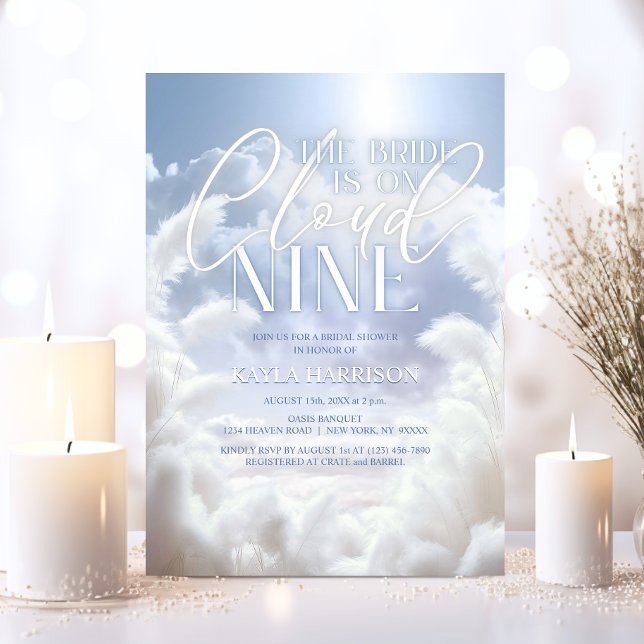 Modern på Cloud Nine 9 Pampas-Möhippa Inbjudningar (Modern Bride is On Cloud Nine 9 Pampas Bridal Shower Invitation)