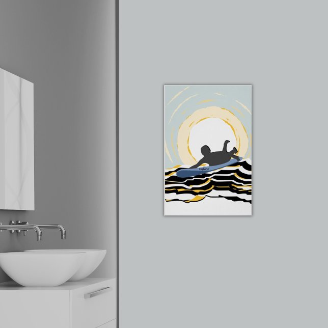 Modern Paddling Surfer vid solnedgången Poster (Paddling Surfer at Sunset, Blue and Black Wall Art - Bathroom)
