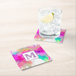 Modern Paint Stänk Glitter Monogram Underlägg Papper Kvadrat