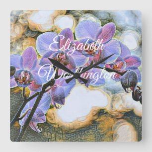 Modern Painting Lila Blue Orchid Flowers Fyrkantig Klocka