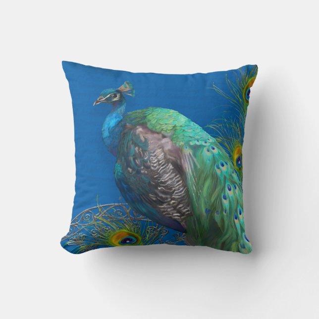 Modern Painting Peacock Svan Feathers Royal Blue Kudde (Framsida)