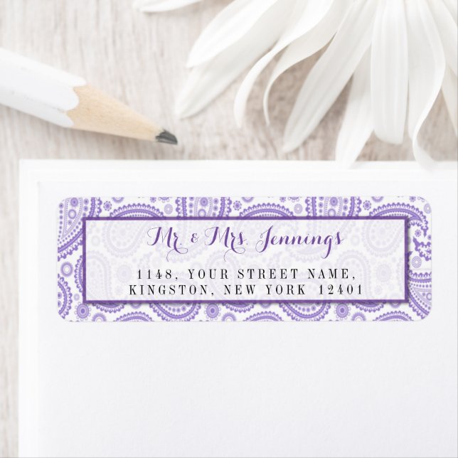Modern Paisley Bröllop-samlingen - Lila Returadress Etikett (Insitu)