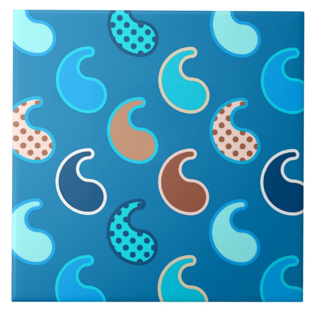 Modern Paisley mönster, Cerulean Blue, Tan & Aqua Kakelplatta (Framsidan)