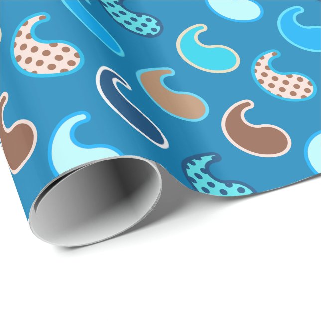 Modern Paisley mönster, Cerulean Blue, Tan & Aqua Presentpapper (Rullad Hörn)