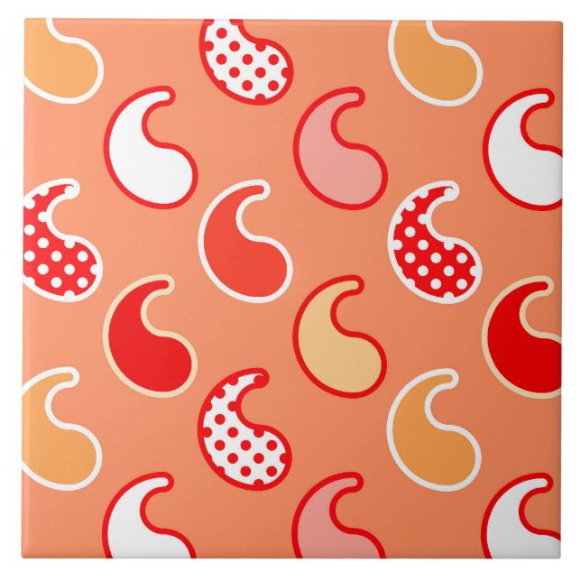 Modern Paisley mönster, Coral Orange och White Kakelplatta (Framsidan)